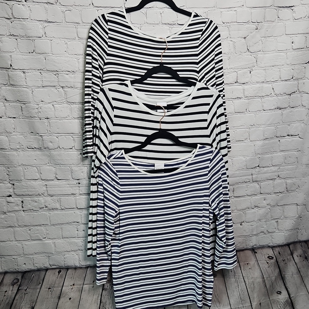 MADELEINE Bundle Of 3 White Striped 3/4 And Long sleeve Tops Size 8 EUC